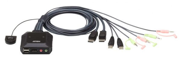 aten cs22dp-at kvm-переключатель, displayport+kbd+mouse+audio, 1> 2 блока/порта/port usb, со встр. kvm-шнурами usb 2x1.2м.