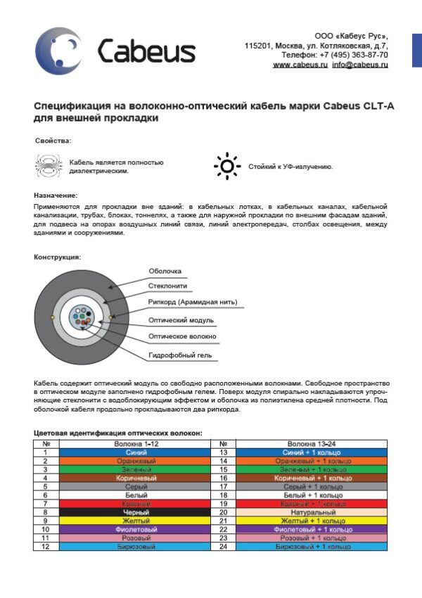 оптоволоконный кабель 50/125 om4 многомодовый cabeus clt-a-7-01x16-j-pe-d-out-40 16 волокон