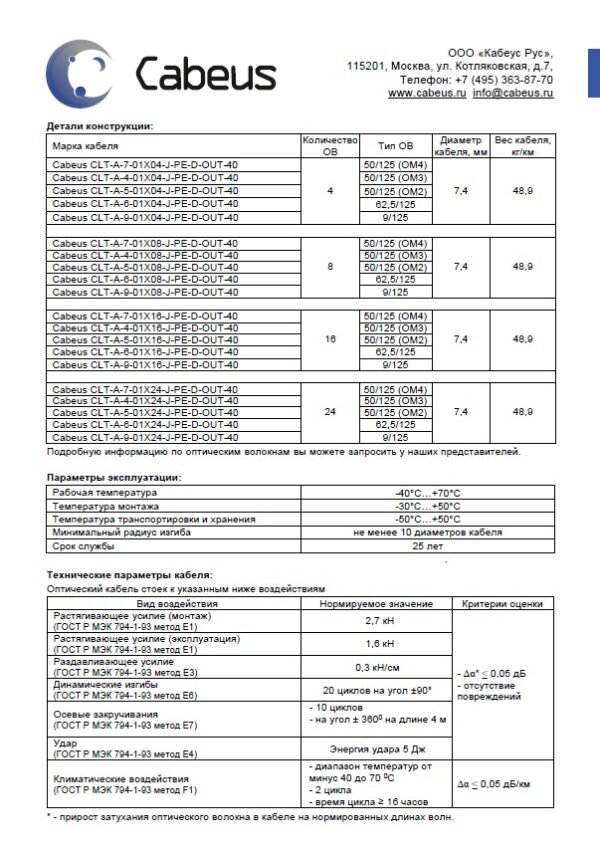 оптоволоконный кабель 50/125 om4 многомодовый cabeus clt-a-7-01x16-j-pe-d-out-40 16 волокон