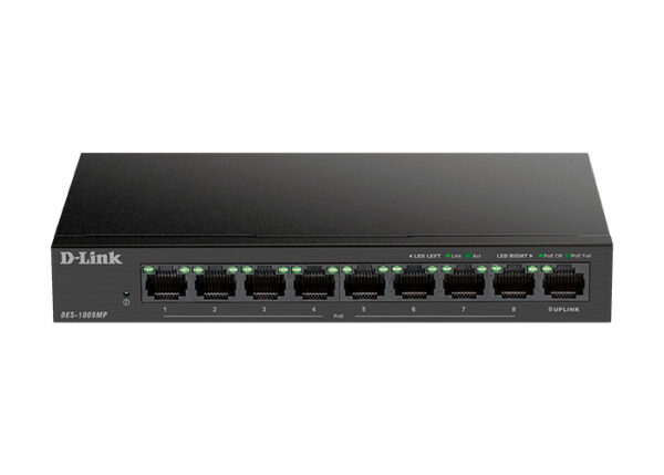 d-link des-1009mp/a1a неуправляемый коммутатор с 8 портами 10/100base-tx и 1 портом 10/100/1000base-t (8 портов рое 802.3af/at, poe-бюджет 117 вт)