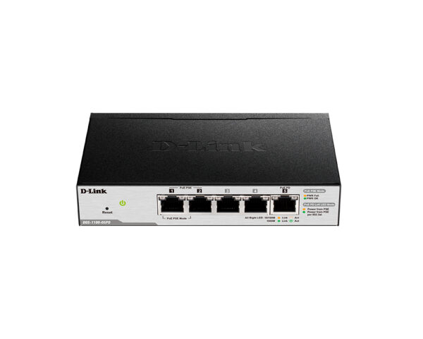 d-link dgs-1100-05pd/u настраиваемый коммутатор easysmart с 5 портами 10/100/1000base-t (2 порта с поддержкой poe 802.3af (до 15,4 вт), poe-бюджет18 вт (802.3at) или 8 вт (802.3af), 1 порт для питания