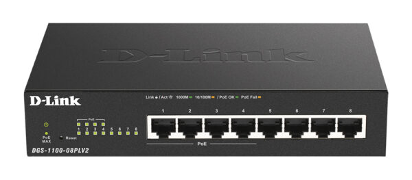 d-link dgs-1100-08plv2/a1a настраиваемый l2 коммутатор с 8 портами 10/100/1000base-t (4 порта poe 802.3af/at, poe-бюджет 80 вт)