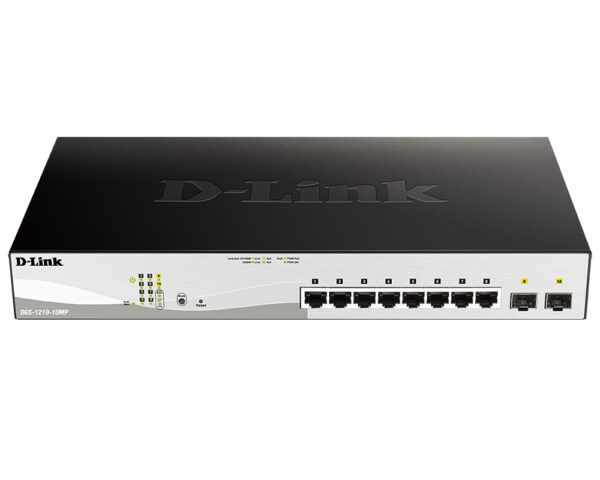 d-link dgs-1210-10mp/fl управляемый коммутатор 2 уровня с 8 портами 10/100/1000base-t и 2 портами 1000base-x sfp (8 портов с поддержкой poe 802.3af/802.3at (30 вт), poe-бюджет 130 вт)