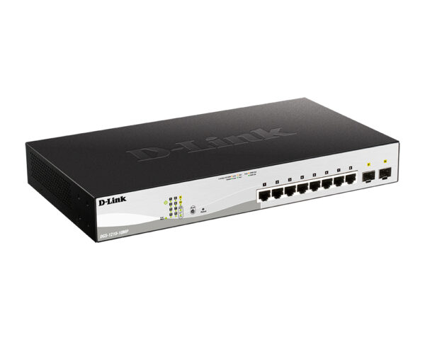 d-link dgs-1210-10mp/fl управляемый коммутатор 2 уровня с 8 портами 10/100/1000base-t и 2 портами 1000base-x sfp (8 портов с поддержкой poe 802.3af/802.3at (30 вт), poe-бюджет 130 вт)