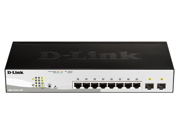 d-link dgs-1210-10p/fl1a управляемый коммутатор 2 уровня с 8 портами 10/100/1000base-t и 2 портами 1000base-x sfp (8 портов с поддержкой poe 802.3af/802.3at (30 вт), poe бюджет 65 вт)