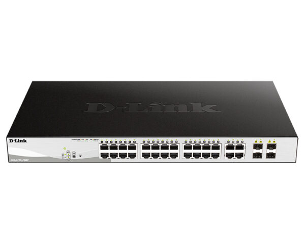 d-link dgs-1210-28mp/fl1a proj настраиваемый коммутатор websmart с 24 портами 10/100/1000base-t и 4 комбо-портами 100/1000base-t/sfp(24 порта с поддержкой poe 802.3af/802.3at (30 вт),poe-бюджет 370 вт