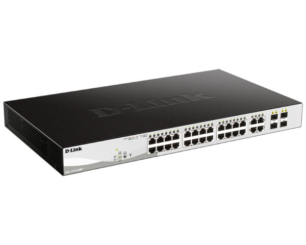 d-link dgs-1210-28mp/fl1a proj настраиваемый коммутатор websmart с 24 портами 10/100/1000base-t и 4 комбо-портами 100/1000base-t/sfp(24 порта с поддержкой poe 802.3af/802.3at (30 вт),poe-бюджет 370 вт