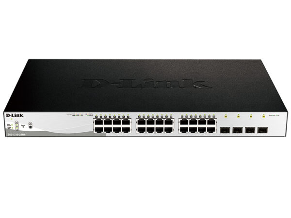 d-link dgs-1210-28mp/fl1a proj настраиваемый коммутатор websmart с 24 портами 10/100/1000base-t и 4 комбо-портами 100/1000base-t/sfp(24 порта с поддержкой poe 802.3af/802.3at (30 вт),poe-бюджет 370 вт