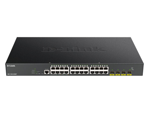 d-link dgs-1250-28xmp/a1a настраиваемый коммутатор 2 уровня с 24 портами 10/100/1000base-t и 4 портами 10gbase-x sfp+ (24 порта с поддержкой poe 802.3af/802.3at (30 вт), poe-бюджет 370 вт)