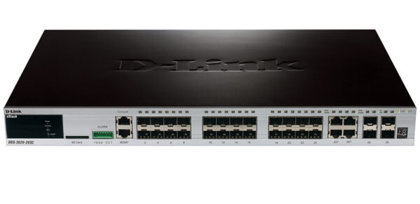 d-link dgs-3620-28sc/b1aei proj управляемый стекируемый коммутатор уровня 3 с 20 портами sfp, 4 комбо-портами 10/100/1000base-t/sfp, 4 портами 10gbase-x sfp+, в комплект поставки входит по ei image