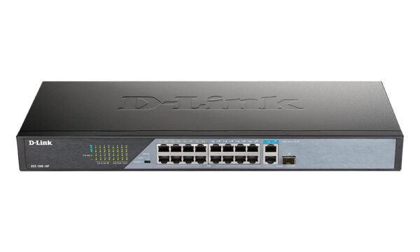 d-link dss-100e-18p/a1a неуправляемый коммутатор с 16 портами 10/100base-tx, 1 портом 10/100/1000base-t и 1 комбо-портом 100/1000base-t/sfp (16 портов poe 802.3af/at, poe-бюджет 230 вт )