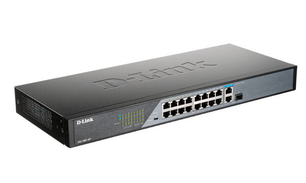 d-link dss-100e-18p/a1a неуправляемый коммутатор с 16 портами 10/100base-tx, 1 портом 10/100/1000base-t и 1 комбо-портом 100/1000base-t/sfp (16 портов poe 802.3af/at, poe-бюджет 230 вт )