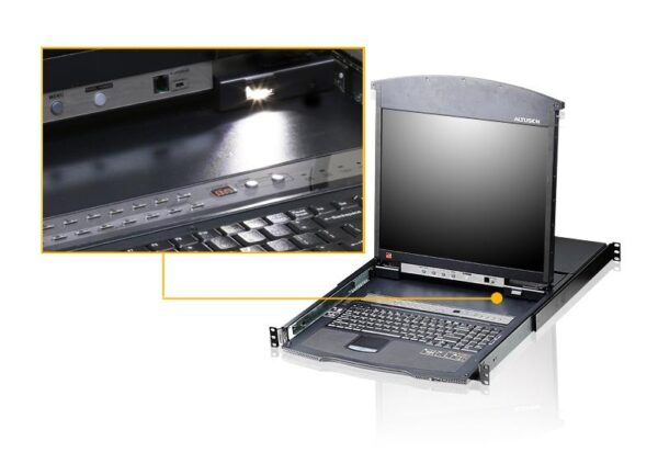 aten kl1508am-axa-rg переключатель, электрон., kvm, 1 user ps2/usb/vga консоль lcd 17" => 8 cpu (ps2/usb/sun+vga)/rs232, без модулей, 1600x1200 60hz (40м), 1u 19", исп.спец.модули и utp, osd, каскад 256