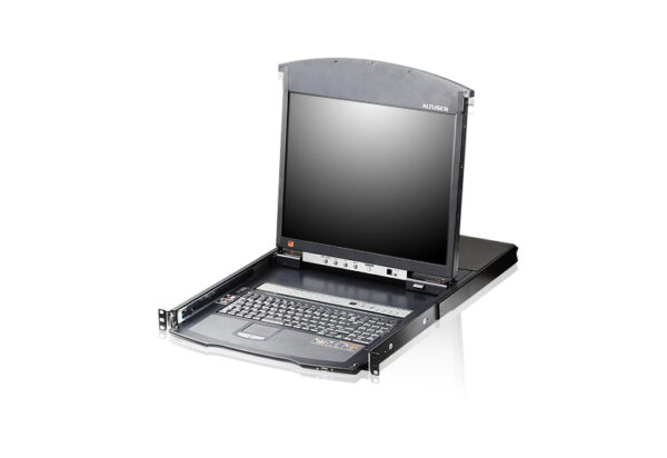 aten/altusen kl1508aim-axa-rg переключатель, электрон., kvm, 1 local user ps2/usb/vga консоль lcd 17"+32 ip user, 8 cpu (ps2/usb/sun+vga)/rs232, без модулей, 1600x1200 60hz (40м), 1u 19", исп.спец.модули и utp, osd, каскад 128