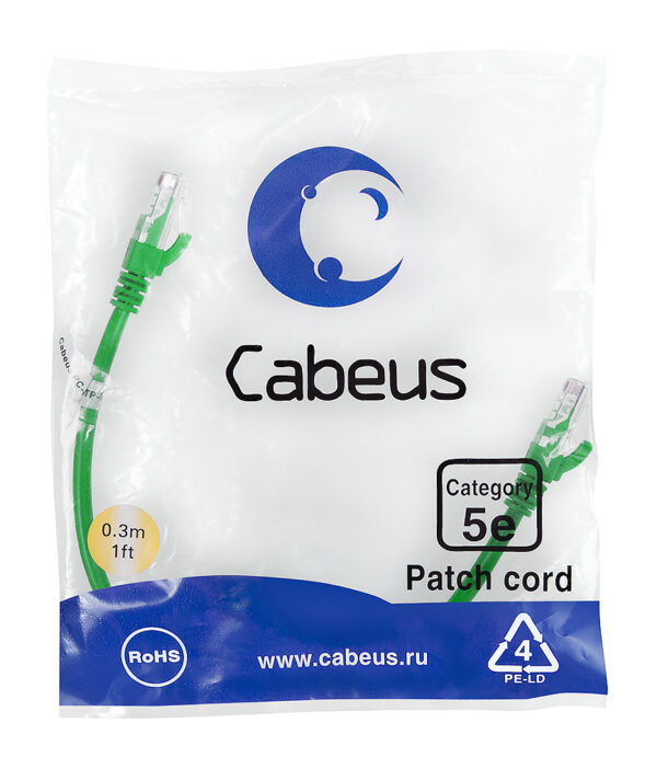 патч-корд cabeus pc-utp-rj45-cat.5e-0.3m-gn кат.5е 0.3 м зеленый