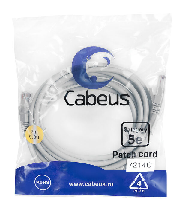 патч-корд cabeus pc-utp-rj45-cat.5e-3m кат.5е 3 м серый