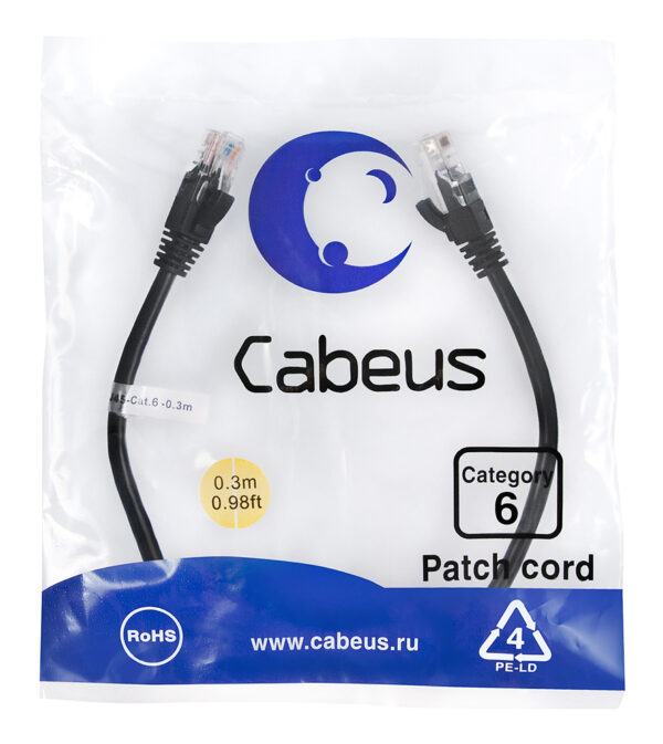 патч-корд cabeus pc-utp-rj45-cat.6-0.3m-bk кат.6 0.3 м черный