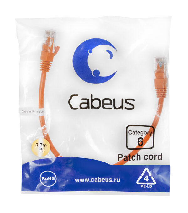 патч-корд cabeus pc-utp-rj45-cat.6-0.3m-or кат.6 0.3 м оранжевый