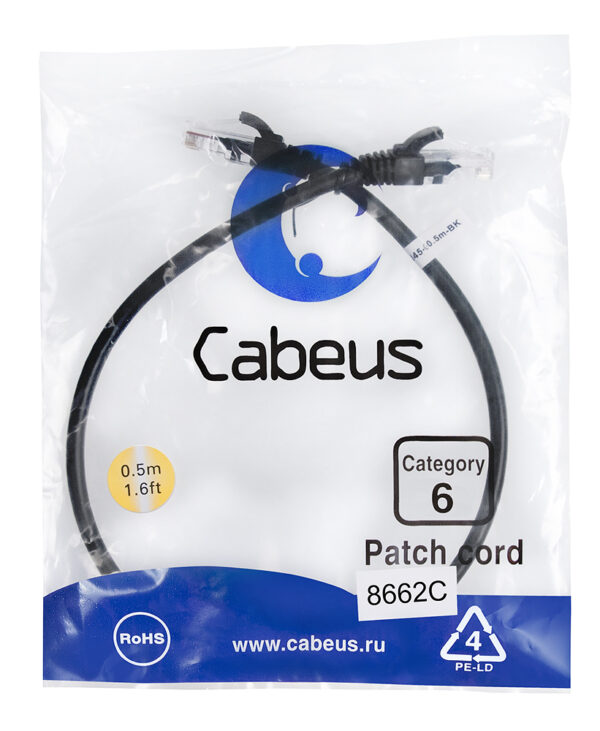 патч-корд cabeus pc-utp-rj45-cat.6-0.5m-bk кат.6 0.5 м черный