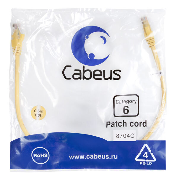 патч-корд cabeus pc-utp-rj45-cat.6-0.5m-yl кат.6 0.5 м желтый