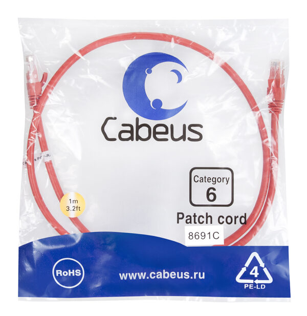 патч-корд cabeus pc-utp-rj45-cat.6-1m-rd кат.6 1 м красный