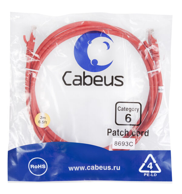 патч-корд cabeus pc-utp-rj45-cat.6-2m-rd кат.6 2 м красный