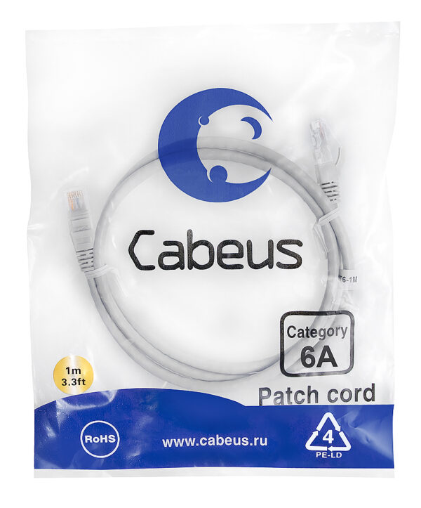 патч-корд cabeus pc-utp-rj45-cat.6a-1m-lszh кат.6а 1 м серый