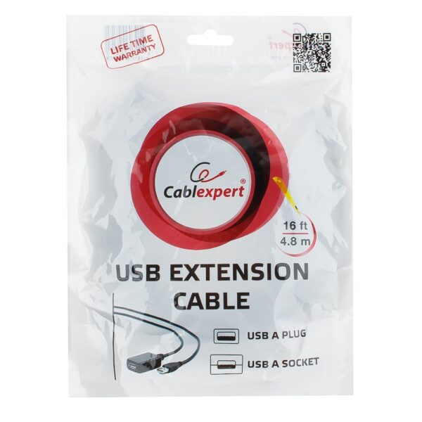 кабель удлинитель usb 2.0 активный cablexpert uae016-black, am/af, 4.8м, черный, пакет