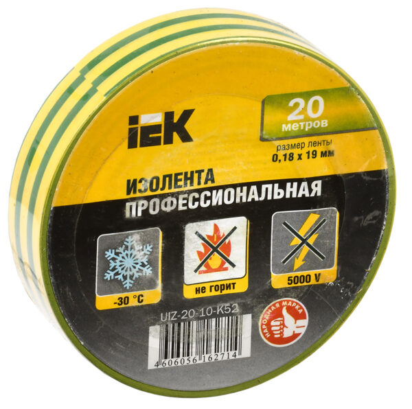 iek uiz-20-10-k52 изолента пвх 0.18х19мм жел./зел. (рул.20м)