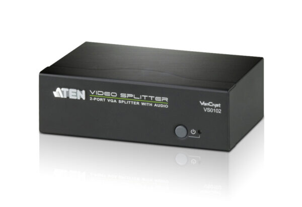 aten vs0102-at-g разветвитель video splitter, vga/svga/multisync+audio, 1> 2 монитора/port 450mhz, 65 метр., f>m, без шнуров, б.п.220> 5.3v