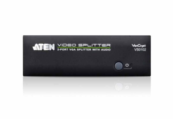 aten vs0102-at-g разветвитель video splitter, vga/svga/multisync+audio, 1> 2 монитора/port 450mhz, 65 метр., f>m, без шнуров, б.п.220> 5.3v