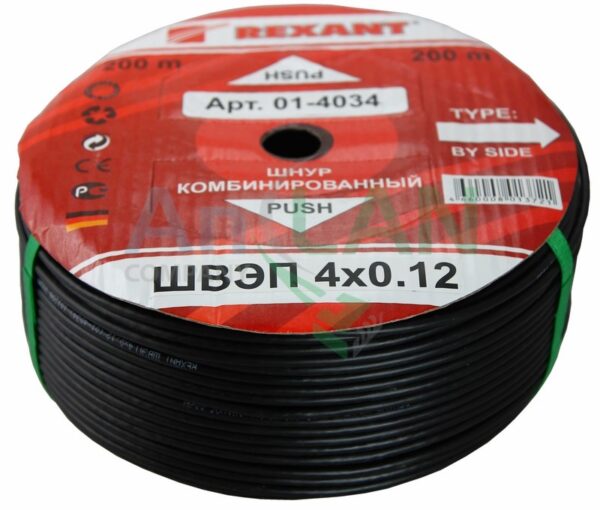 rexant 01-4034 шнур комбинированный швэп (шсм) 4x0.12кв.мм, 200м., черный