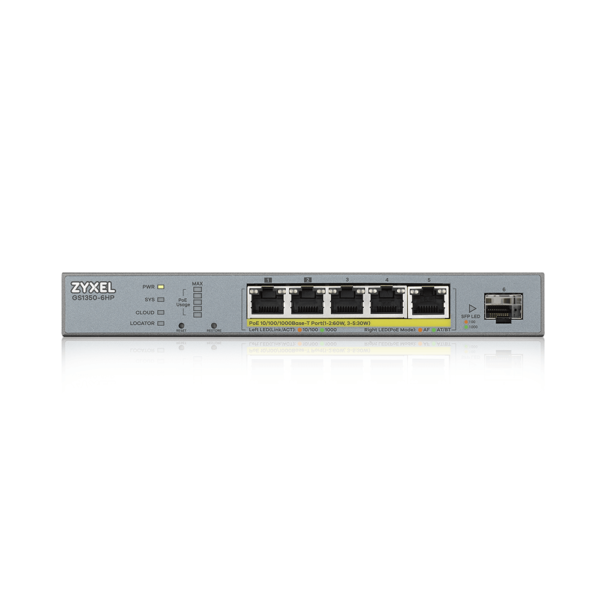 zyxel gs1350-6hp-eu0101f l2 коммутатор poe+ для ip-видеокамер zyxel gs1350-6hp, 4xge poe+, 1xge poe++ (802.3bt), 1xsfp, бюджет poe 60 вт, дальность передачи питания до 250 м, автоперезагрузка poe-портов, повышенная защита от перенапряжений и электростатических разрядов