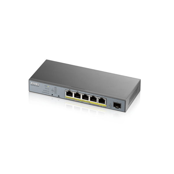 zyxel gs1350-6hp-eu0101f l2 коммутатор poe+ для ip-видеокамер zyxel gs1350-6hp, 4xge poe+, 1xge poe++ (802.3bt), 1xsfp, бюджет poe 60 вт, дальность передачи питания до 250 м, автоперезагрузка poe-портов, повышенная защита от перенапряжений и электростатических разрядов