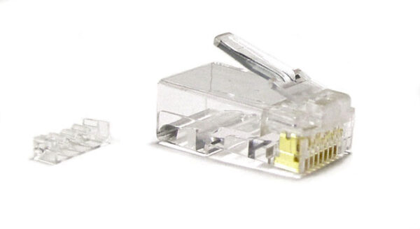 hyperline plug-8p8c-uv-c6-100 разъем rj-45(8p8c) под витую пару, категория 6 (50 µ"/ 50 микродюймов), универсальный (для одножильного и многожильного кабеля), со вставкой (100 шт)
