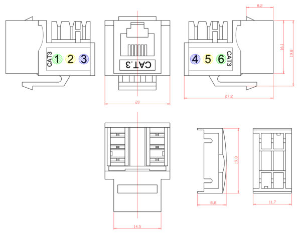 cabeus kj-rj12-90-bk degree вставка keystone jack, rj-12(6p6c), угол 90 градусов, 110 idc, черная