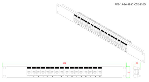 патч-панель hyperline 19" pp3-19-16-8p8c-c5e-110d 1u 16 портов