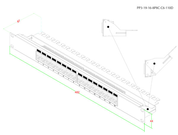 патч-панель hyperline 19" pp3-19-16-8p8c-c6-110d 1u 16 портов