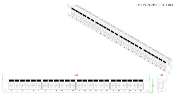 патч-панель hyperline 19" pp3-19-24-8p8c-c5e-110d 1u 24 порта