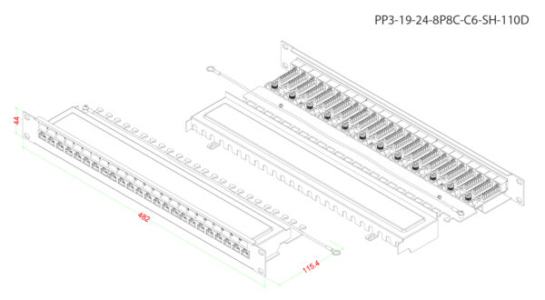 патч-панель hyperline 19" pp3-19-24-8p8c-c6-sh-110d 1u 24 порта