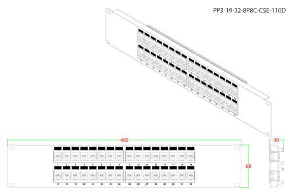 патч-панель hyperline 19" pp3-19-32-8p8c-c5e-110d 2u 32 порта