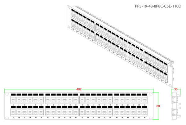 патч-панель hyperline 19" pp3-19-48-8p8c-c5e-110d 2u 48 портов