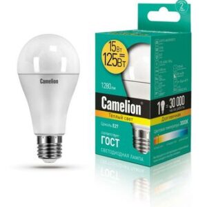 Лампа светодиодная LED15-A65/830/E27 15Вт грушевидная 3000К тепл. бел. E27 1280лм 170-265В Camelion 12196 / 12185