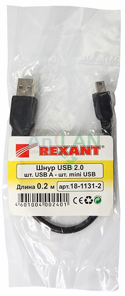 шнур mini usb (male) - usb-a (male) 0.2m черный rexant