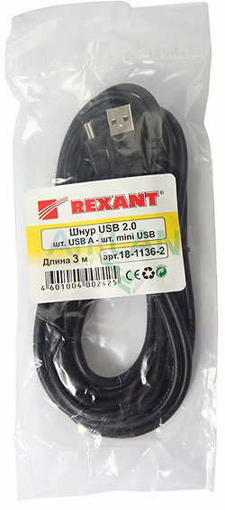 шнур mini usb (male) - usb-a (male) 3m черный rexant